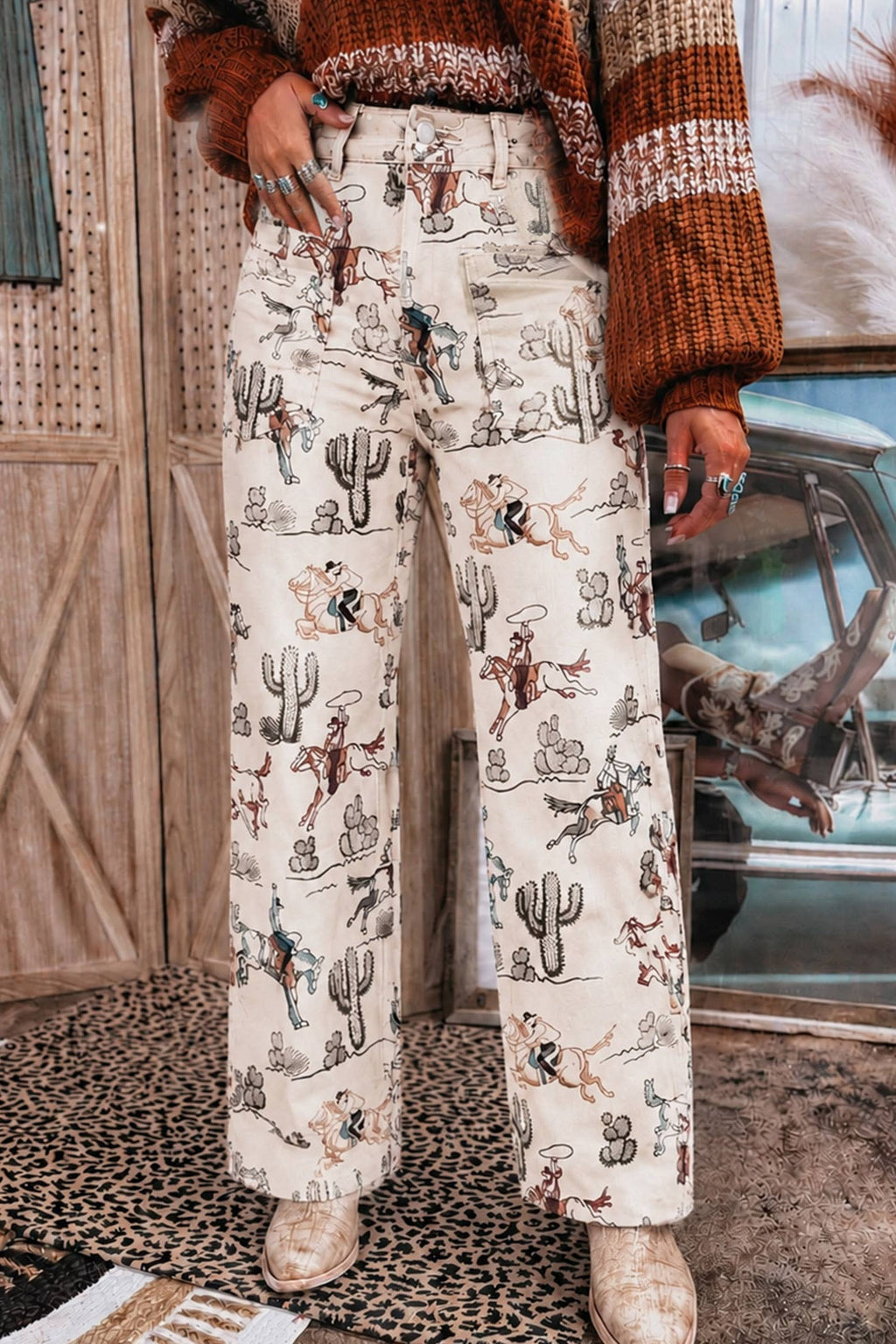 Cowboy Print Straight Leg Pocket Jeans