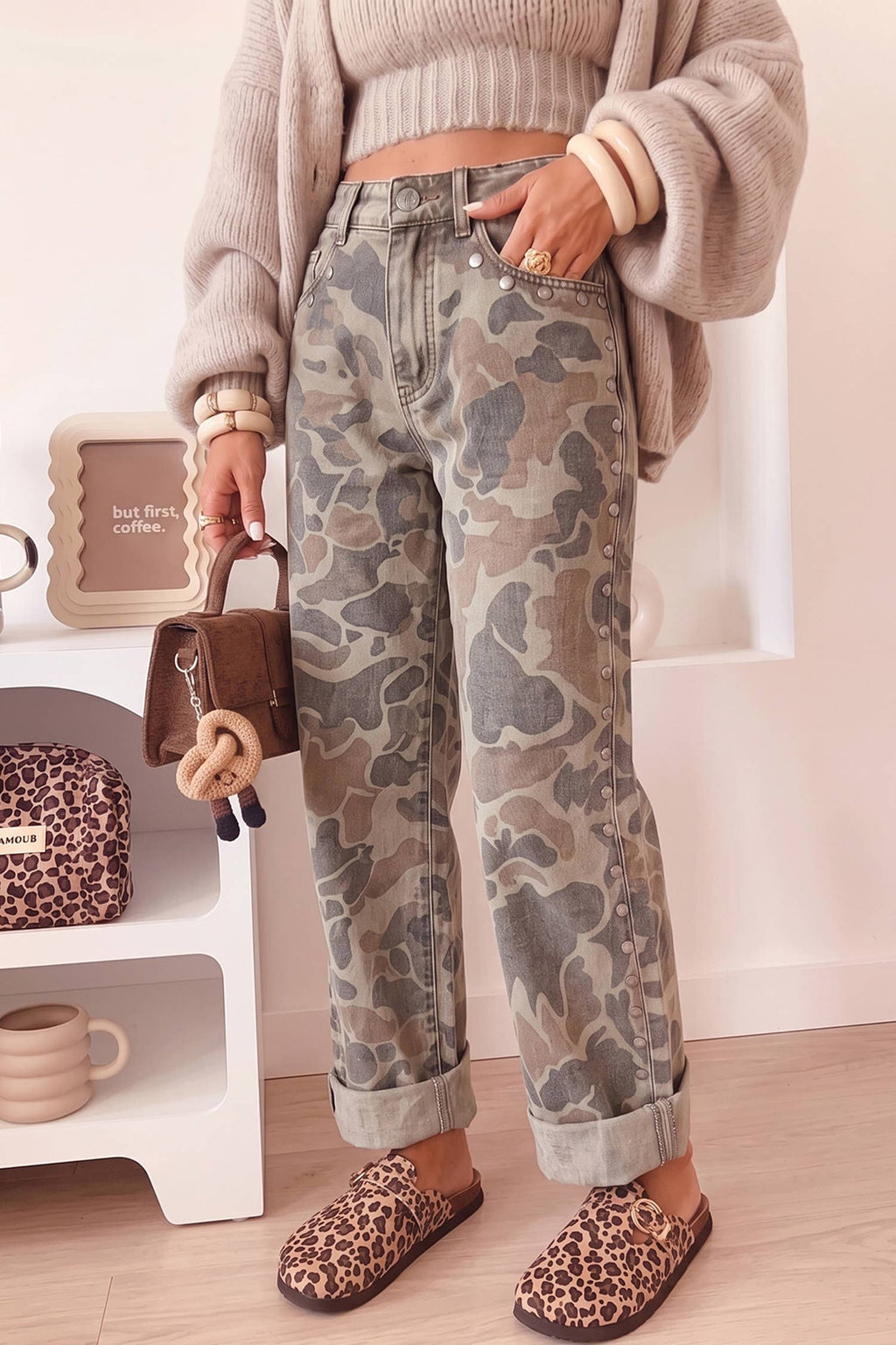 Camouflage Studded Straight Loose Jeans