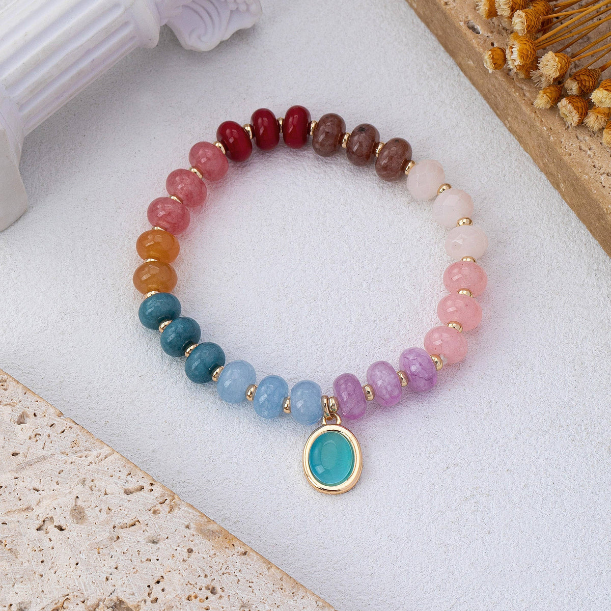 Natural Stone Cateye Charm Stretch Bracelet