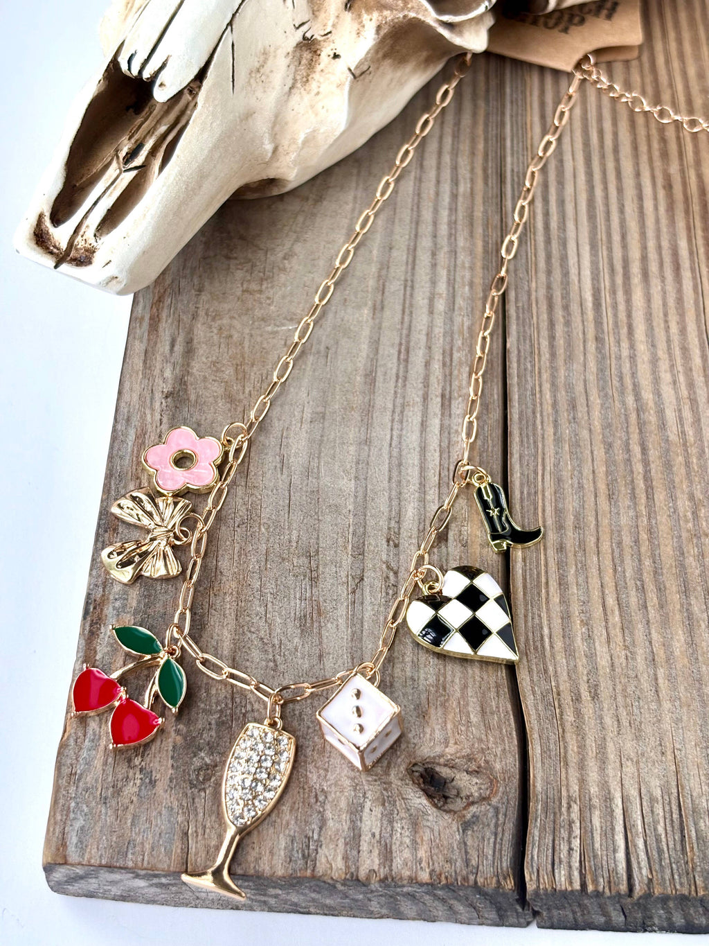Cherry Multi Charm Link Chain Necklace
