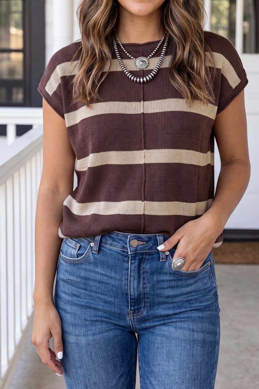 Striped Cap Sleeve Knit Sweater