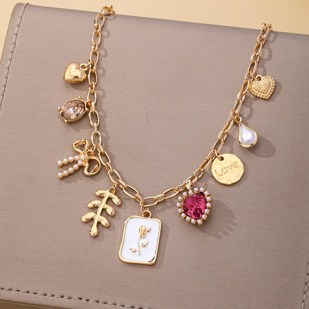 Pink Heart & Bow Multi-Charm Necklace