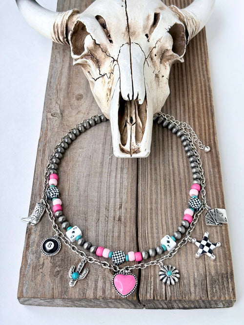 2 Layer Charm Navajo Pearl Choker Necklace Turq. Dice