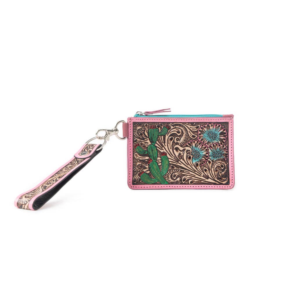 Leather tooled wallet with floral and cactus design