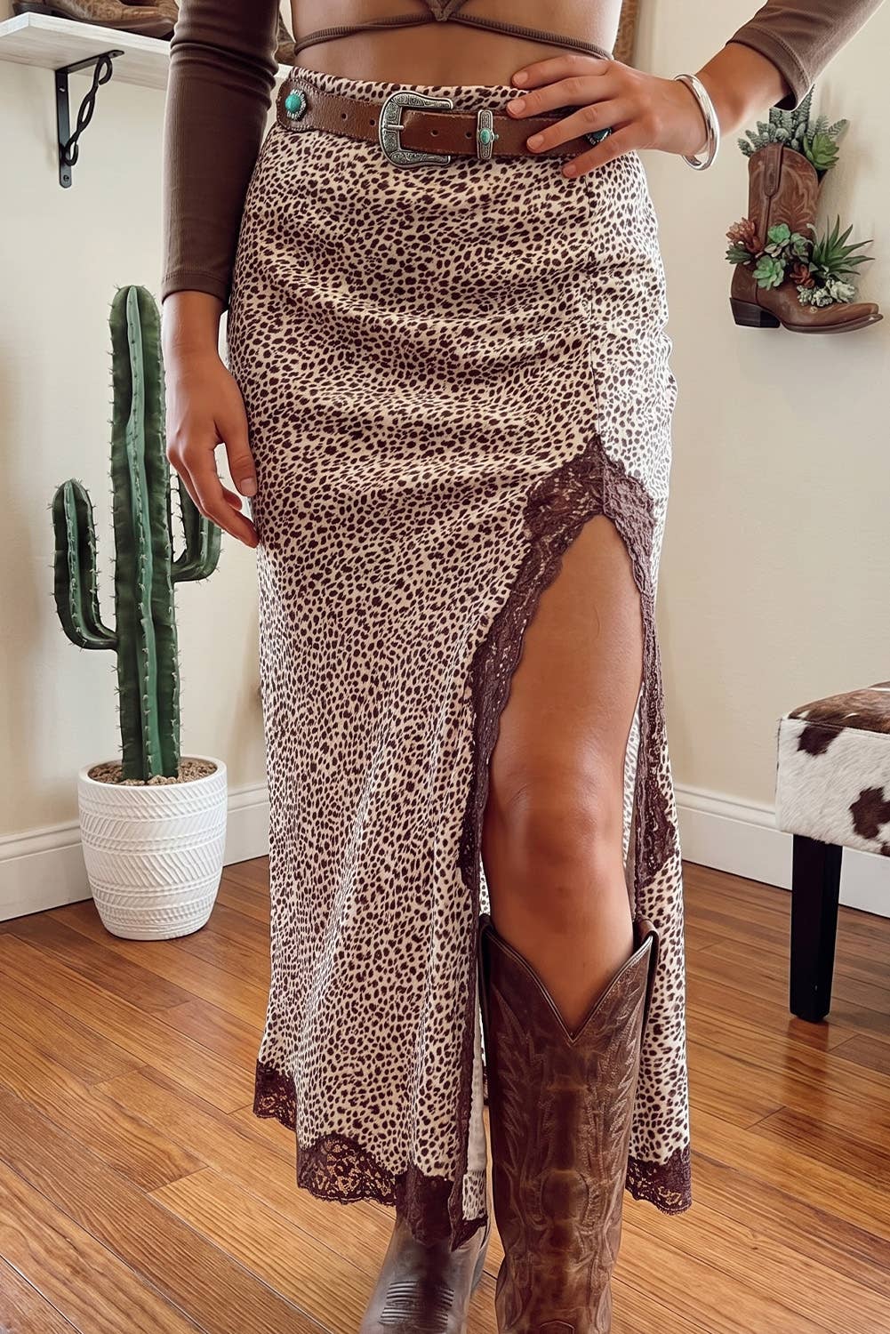 Floral Ruched High Waist Lace Slit Skirt