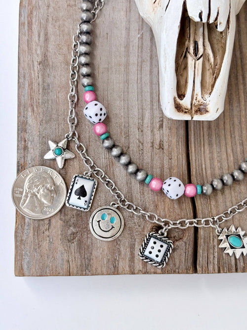 2 Layer Navajo Pearl & Charm Choker Necklace Pink Dice