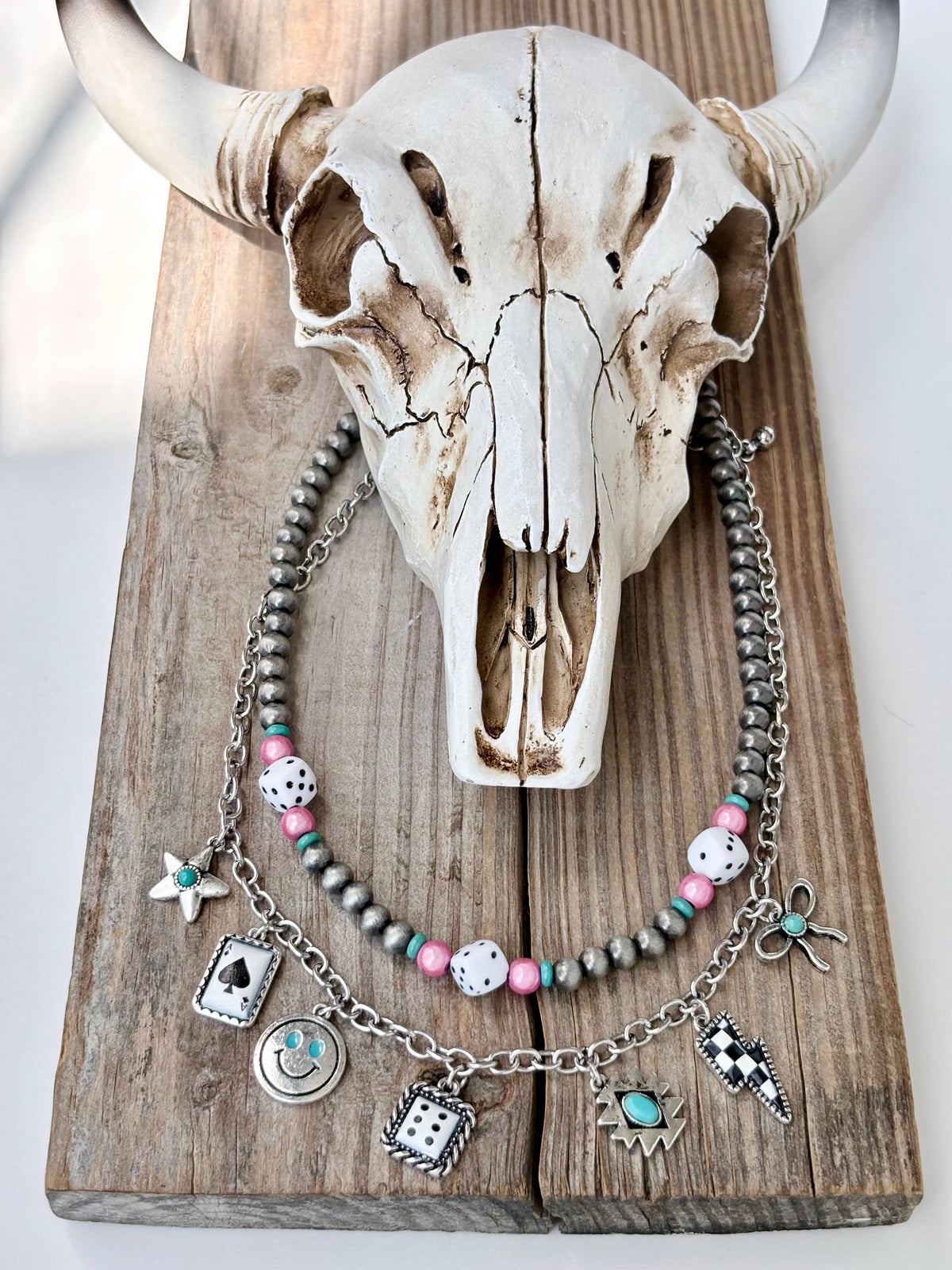 2 Layer Navajo Pearl & Charm Choker Necklace Pink Dice
