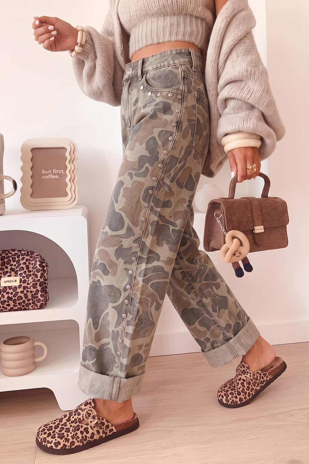 Camouflage Studded Straight Loose Jeans