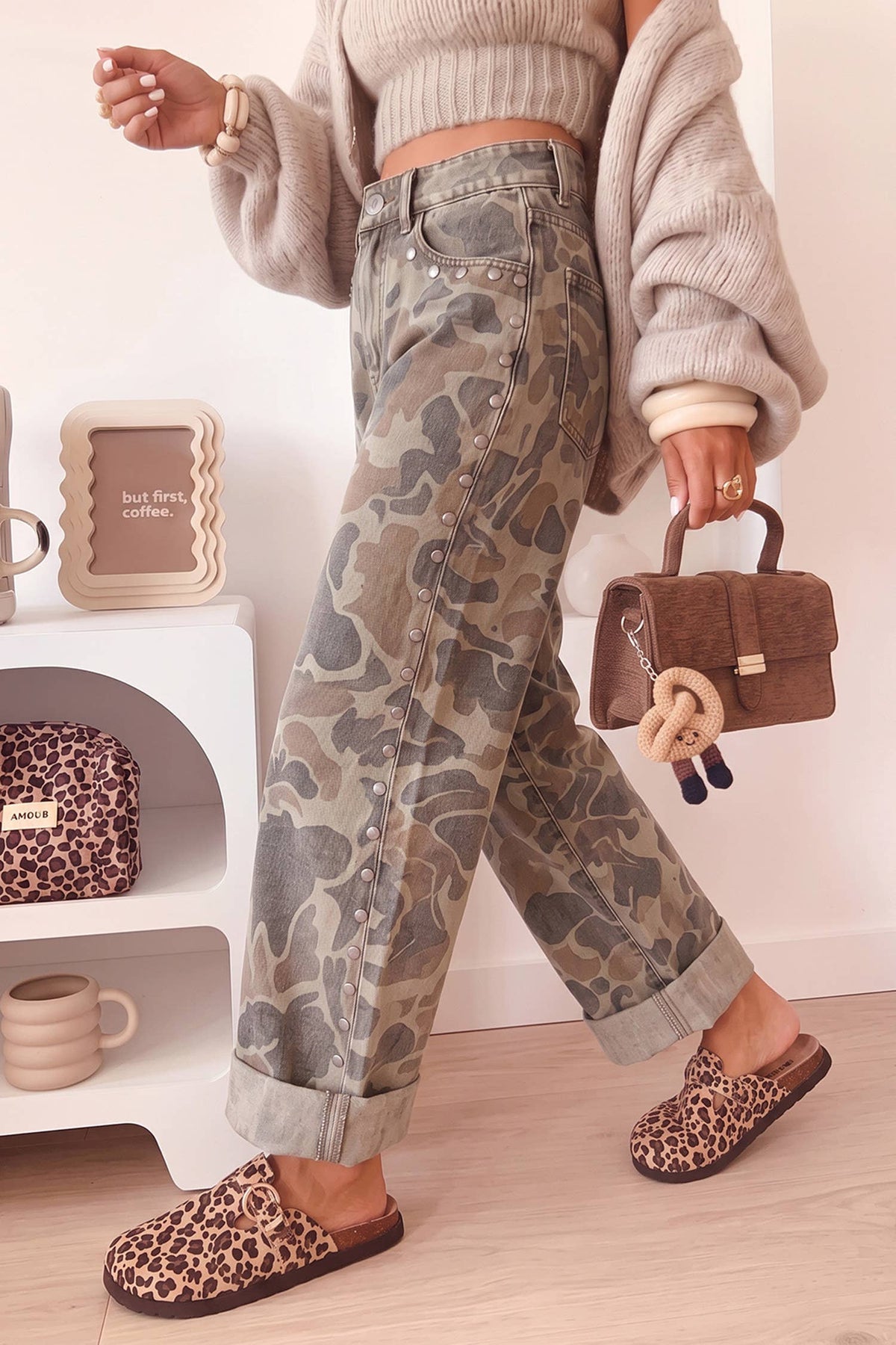 Camouflage Studded Straight Loose Jeans