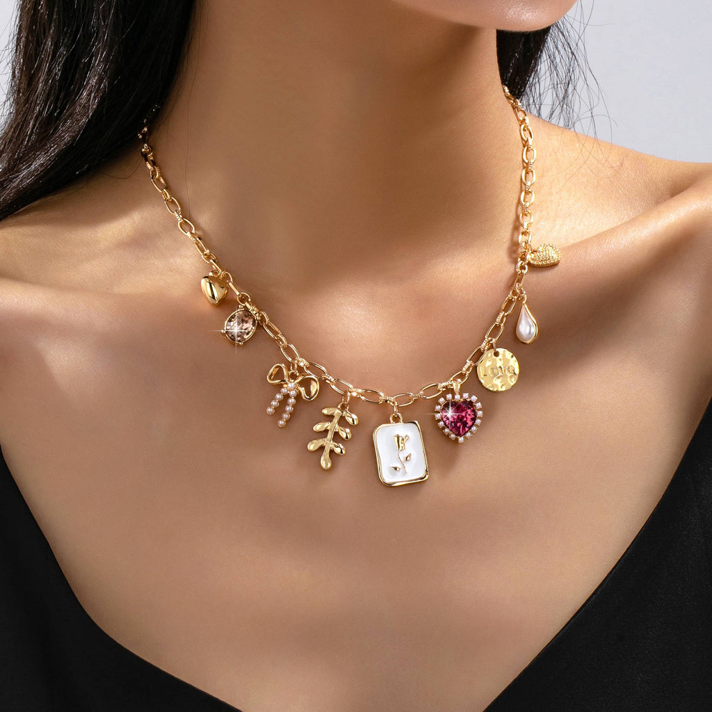 Pink Heart & Bow Multi-Charm Necklace