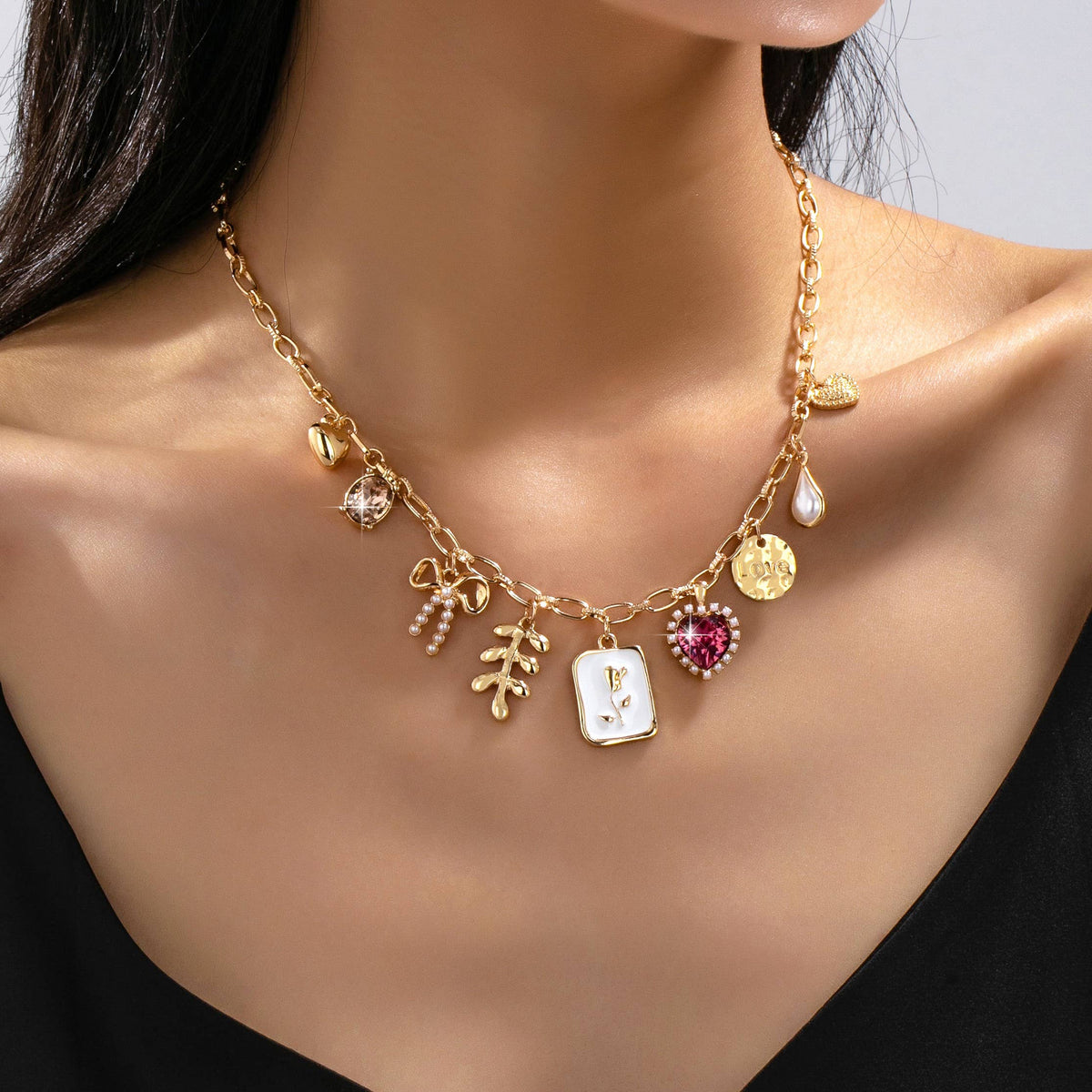 Pink Heart & Bow Multi-Charm Necklace