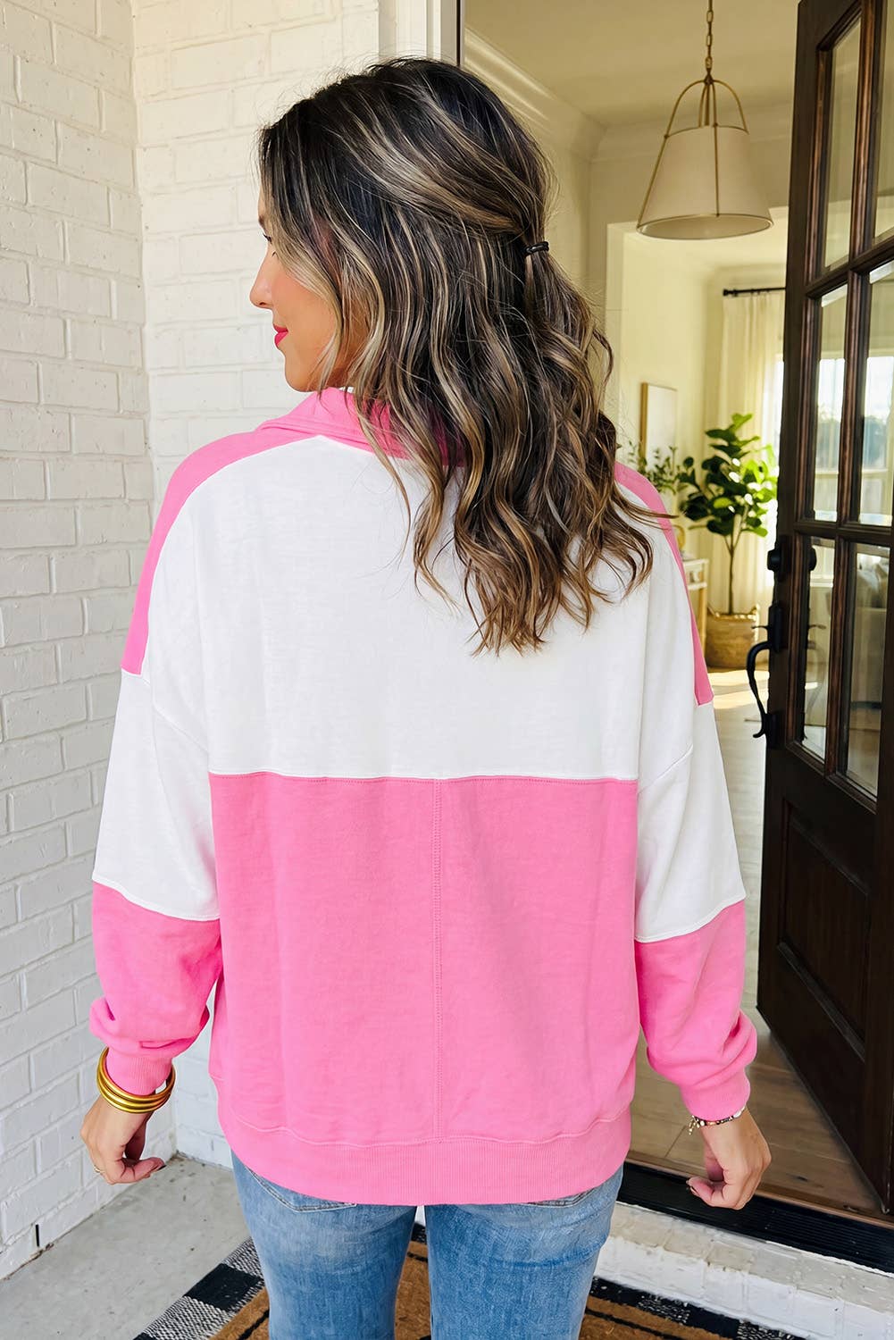 Color Block Ricrac Knit Top Pin&Whi