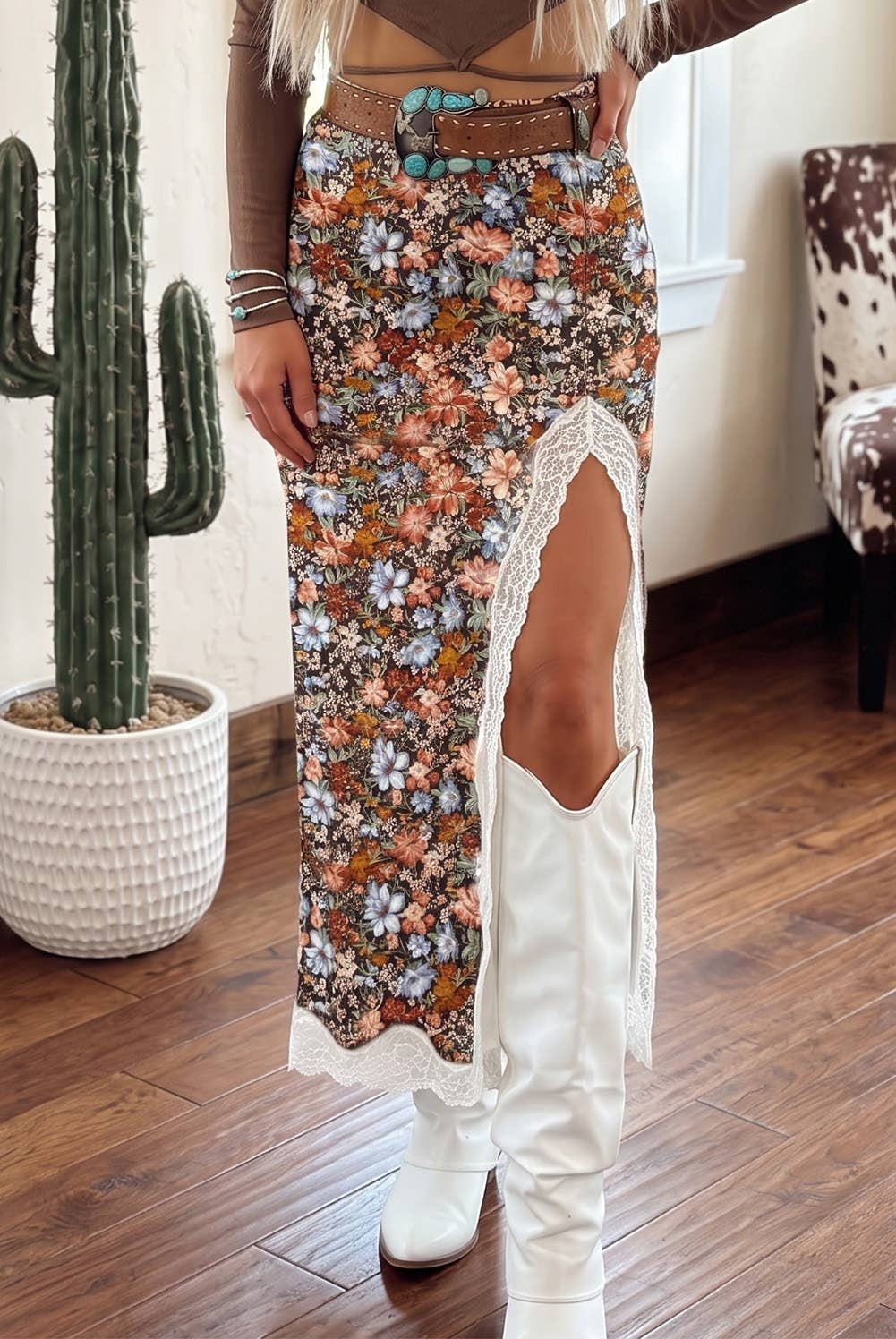 Floral Ruched High Waist Lace Slit Skirt
