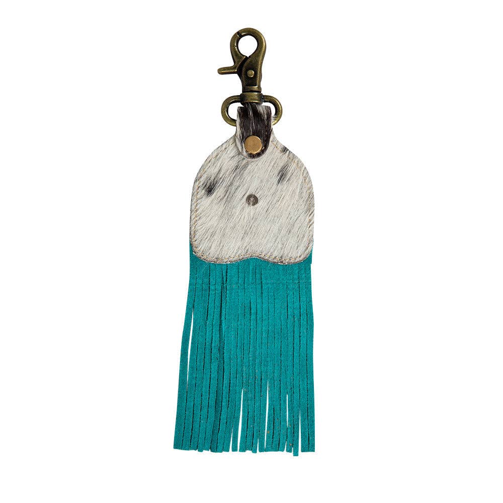 Keychain with turquoise tassel and cowhide