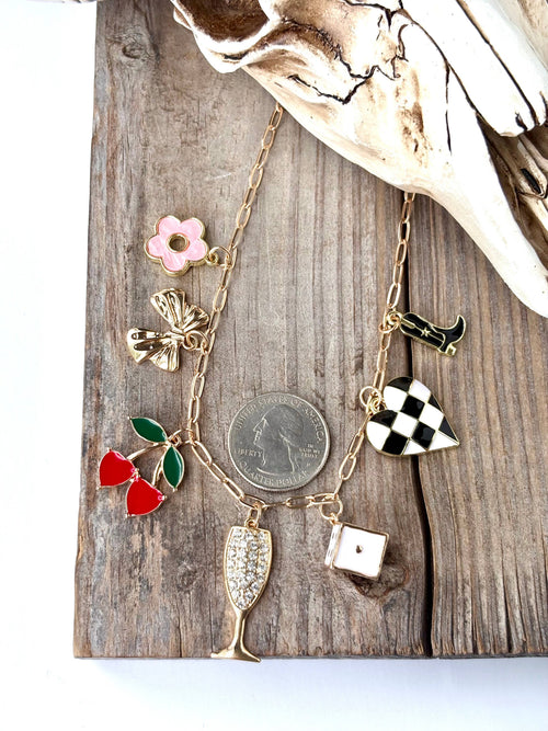 Cherry Multi Charm Link Chain Necklace