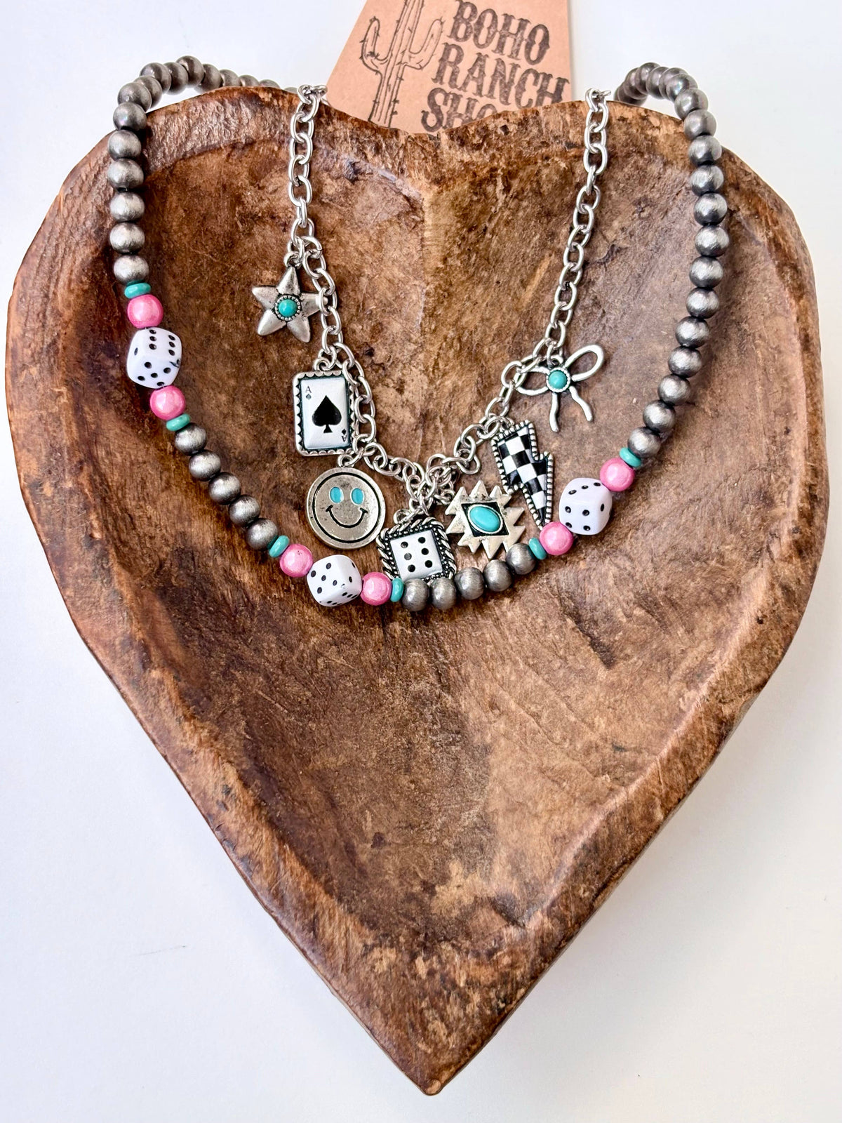 2 Layer Navajo Pearl & Charm Choker Necklace Pink Dice